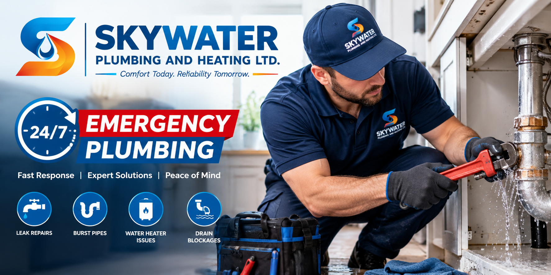 Skywater plumber completing an emergency plumbing repair